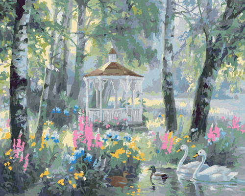 Paint by Numbers - A GAZEBO, SWANS AND DUCKS ON A LAKE AND BIRCH TREES