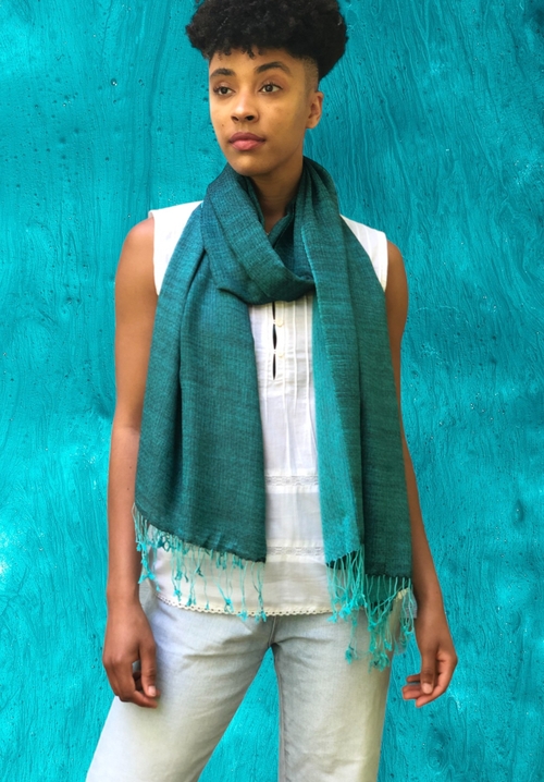 Teal Two Tone Wool And Silk Blend Scarf