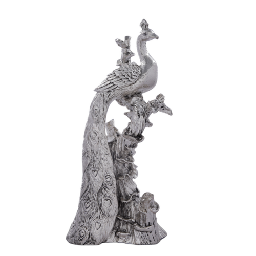 Silver Peacock Statue (SIZE) 10.5 inch (COLOR) SILVER