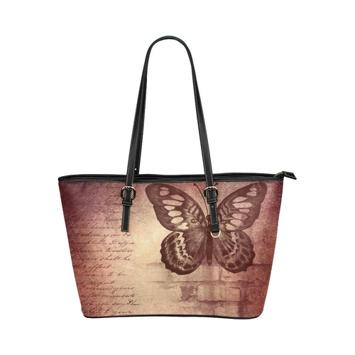 Large Leather Tote Shoulder Bag - Mauve Butterfly Multicolor