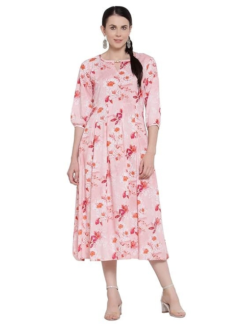 Rayon Floral Print A-Line Dress Peach flower printed (Size-M)