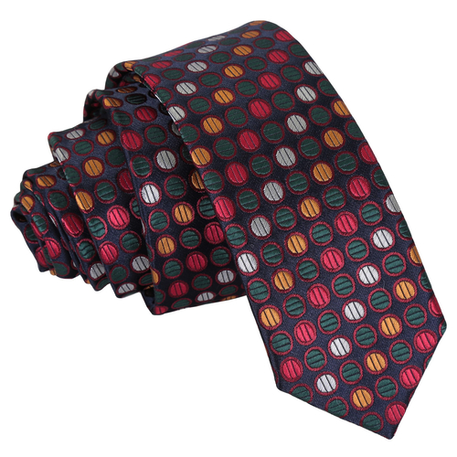Chequered Polka Dot Skinny Tie - Silver, Red & Gold