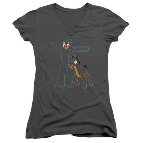 Trevco Gumby-Outlines Junior V-Neck Tee, Charcoal - Medium