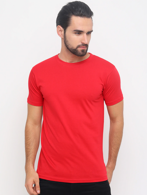 Men Solid Half Sleeves Round Neck Cotton Red T-Shirt (Size M)
