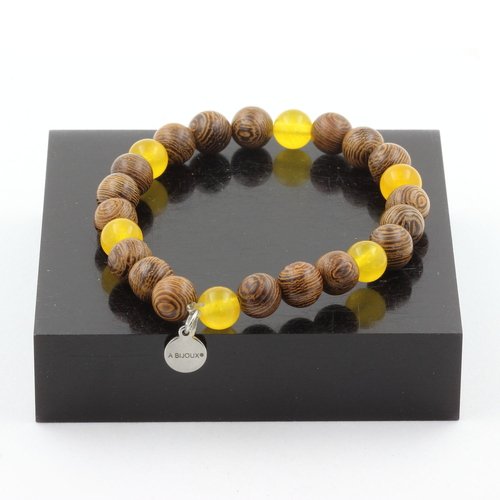 Yellow Agate + wood Bracelet 8 mm Beads.