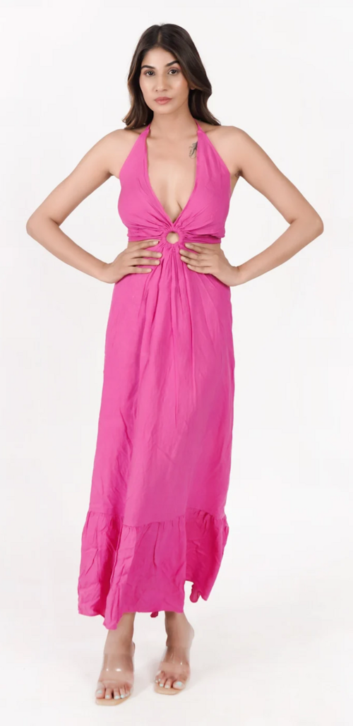 Women's Solid Color Resort Dress (Color Pink) (Size L)