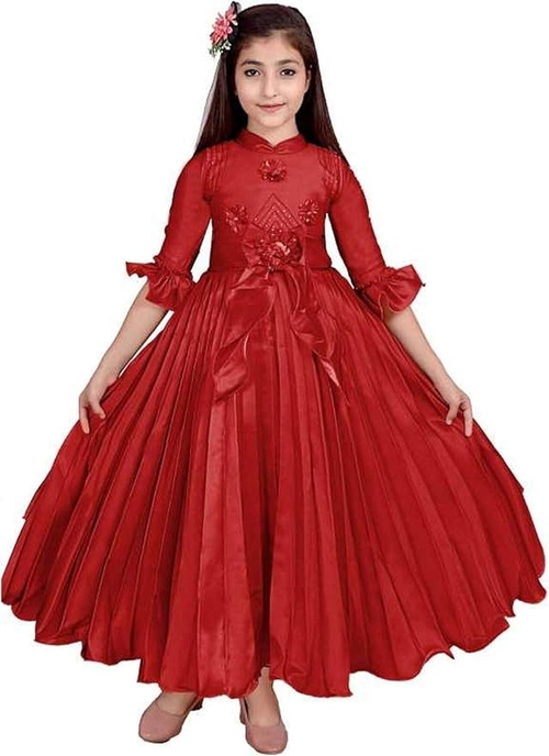 Girls A-Line Maxi Dress PARTYWEAR GOWN (Size-11-12YEAR) (Color-RED)