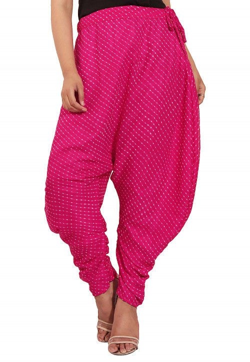 Leheriya Printed Georgette Dhoti Pant in Fuchsia (Size-32)