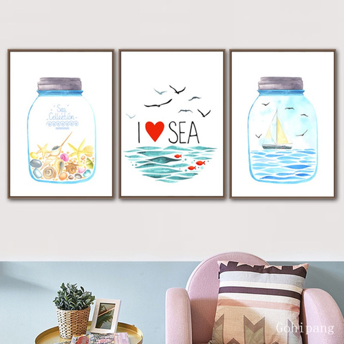 Nordic Cartoon Poster Watercolor Abstract Sea Mew