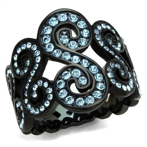 Women IP Black Stainless Steel Ring with Top Grade Crystal in Sea Blue
