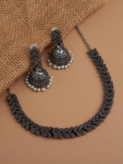 Silver Plated Oxidised Leaf Jewellery Set