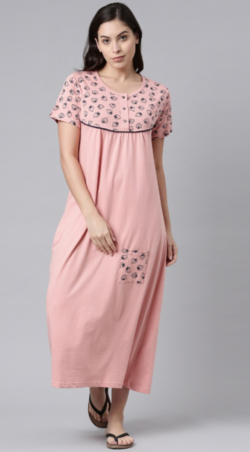 Women Printed Pure Cotton Nightdress PInk(Size L)