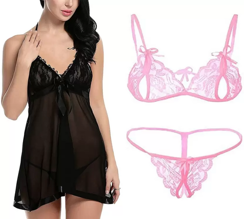 Women's Bra & Panty Set Self Design Black, Pink Lingerie Set (Size 34)