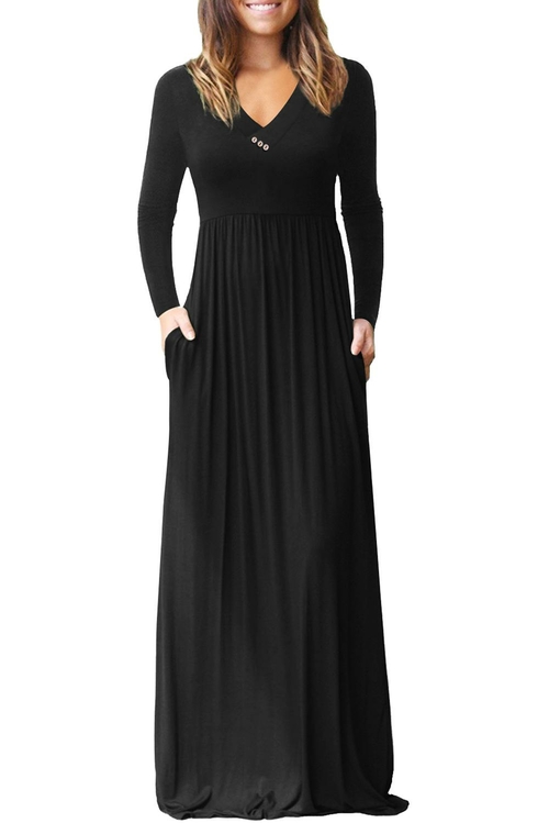 Black V Neck Pocket Style Long Jersey Dress