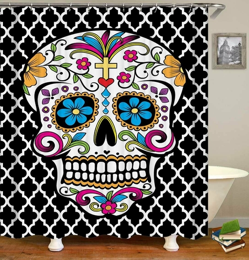 Sugar Skull Over Moroccan shape pattern Shower Curtain
