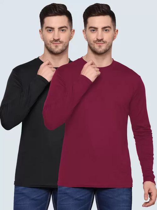 Men Solid Full Sleeves Round Neck Polyester Black, Maroon T-Shirt Pack