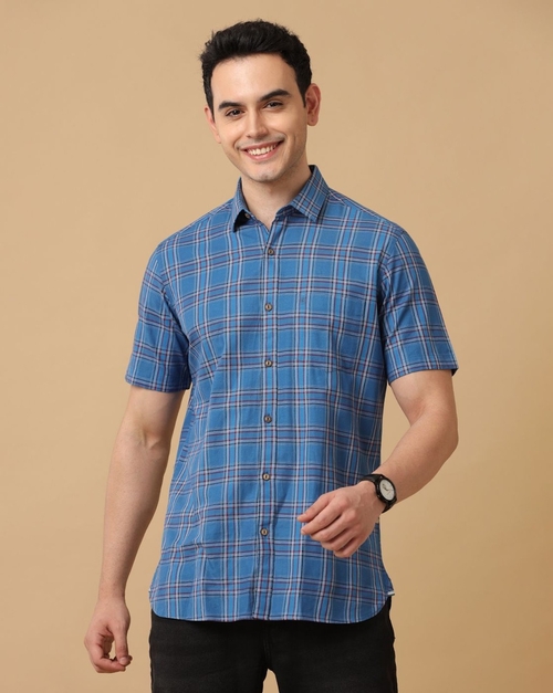 Men's Blue Checked Half Sleeve Casual Shirt (Size-M) (Color-BLUE)