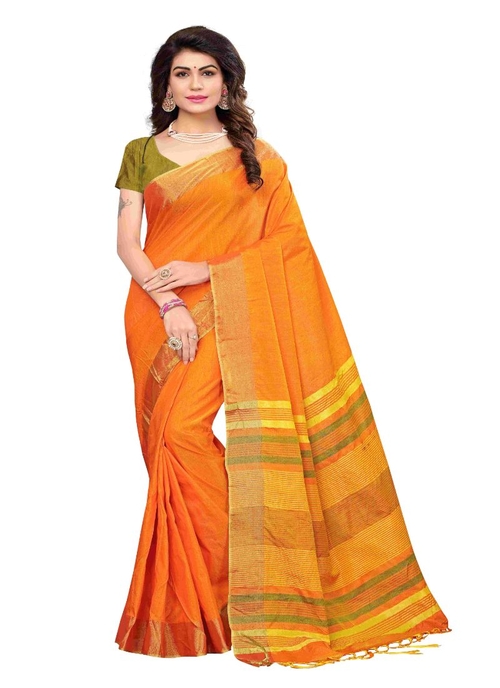 Generic Women's Cotton Silk Saree (Orange, 5-6