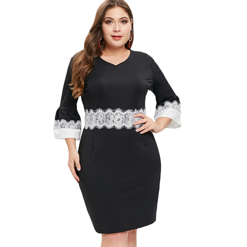  Women Plus Size Lace Panel Two Tone Sheath