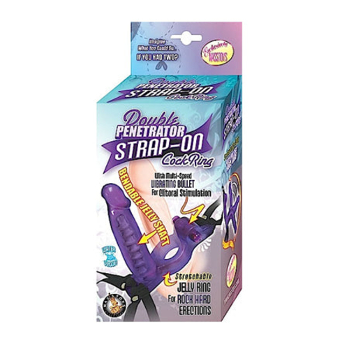 Double Penetrator Vibrating Strap-On Cockring (Purple)