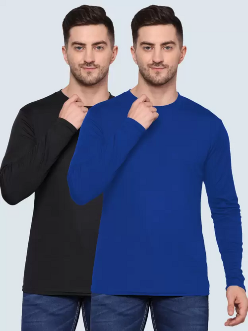 Men Solid Full Sleeves Round Neck Polyester Black, Blue T-Shirt Pack