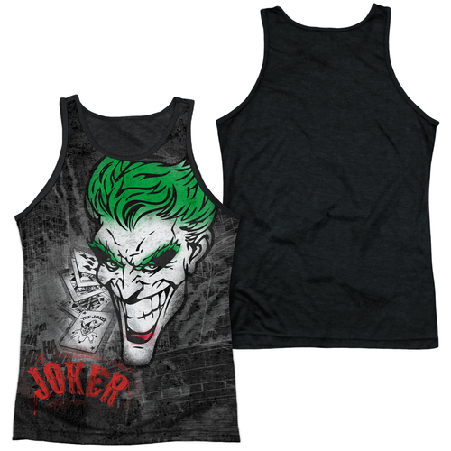 Batman & Joker Sprays the City-Adult Poly Black Back Tank Top, Whi