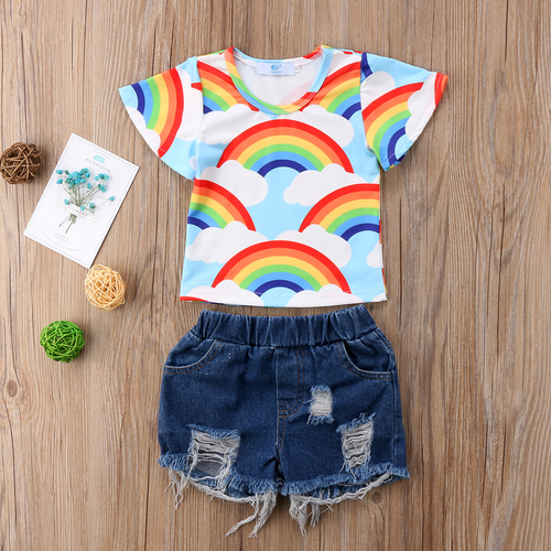 Newborn Kids Baby Girl Rainbow Top T shirt Denim