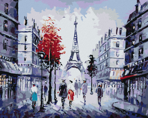 Paint by Numbers - VIEW OF STREET IN PARIS AND A COLOURFUL TREE