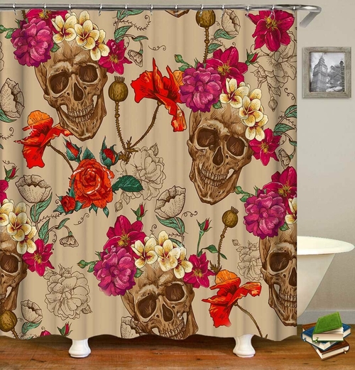 Fresh Flowers Fit Skulls Painting Shower Curtain