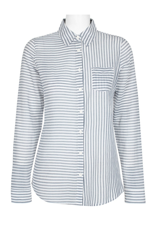 Carre Noir Collared Button Down Long Sleeve Stripe Pattern Rayon Top