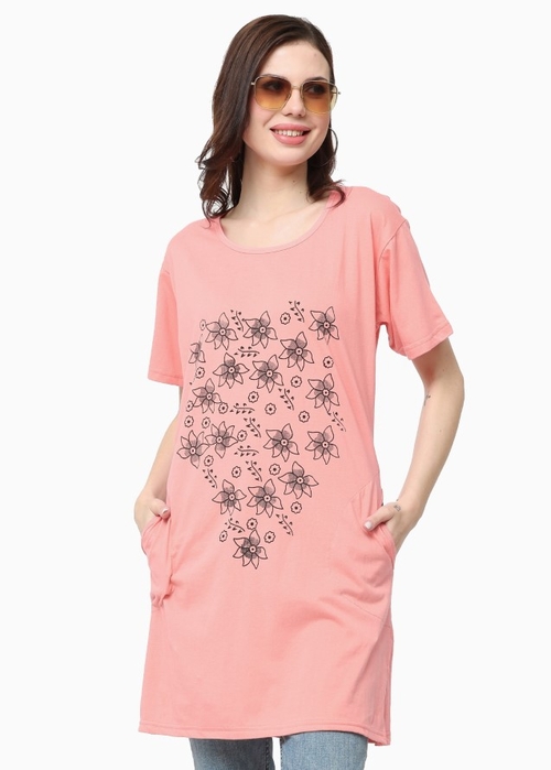 Women'S Stylish  Round Neck Cotton Printed Long Tshirt (Size-L)