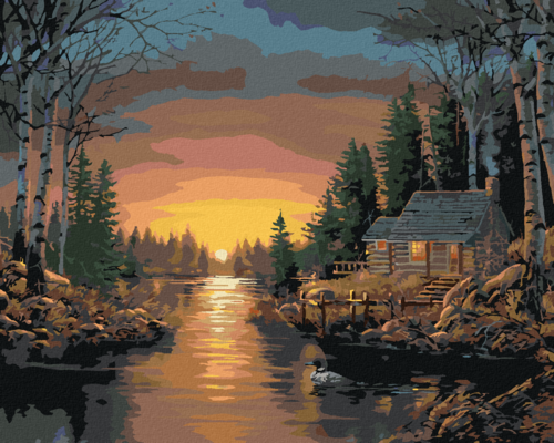 Zuty - Paint by Numbers - SUNSET AND A CABIN IN THE WOODS BY THE LAKE