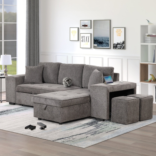 104" Modern L-Shape 3 Seat Reversible Sectional Couch, Pull Out