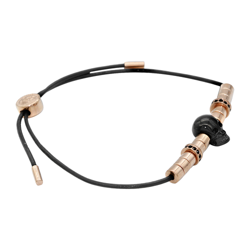 Rose Gold plated Black Skull Pull Cord leather bracelet