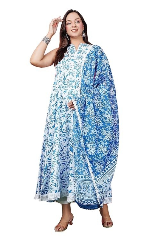 Women's Blue Cotton Floral Printed Anarkali Kurta with Dupatta set