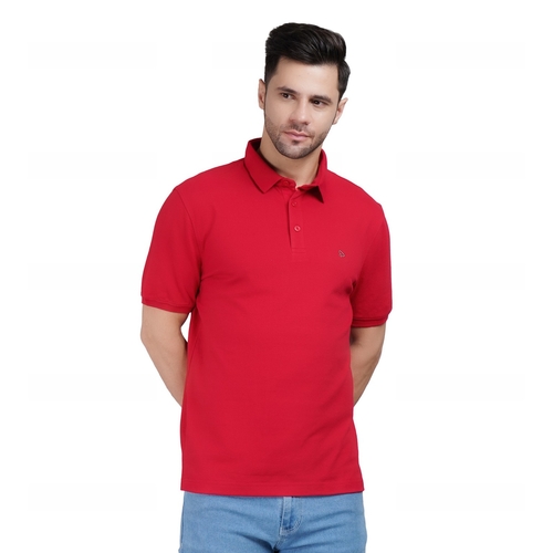 Men Solid Polo Neck Cotton Red T-Shirt (Size M)