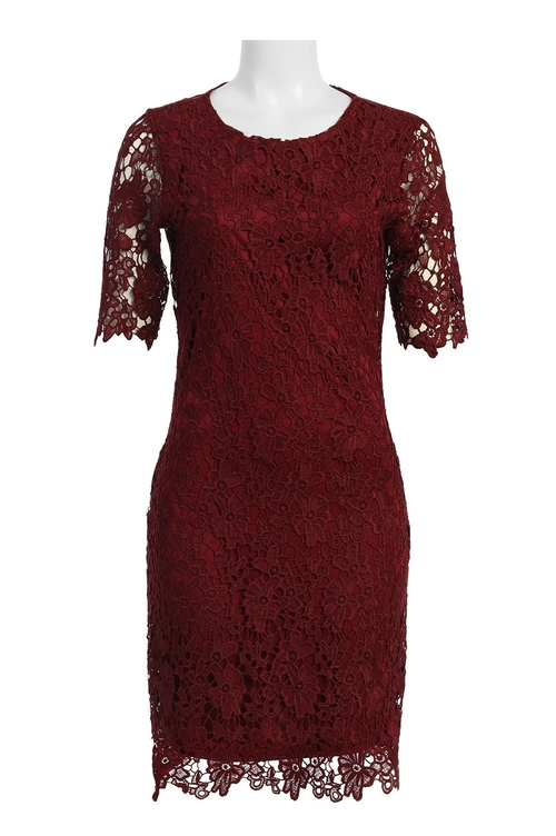 Nina Leonard Crew Neck 3/4 SLeeve Bodycon Zipper Back Floral Lace