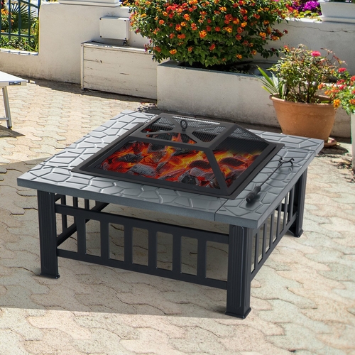 Outsunny Metal Fire Pit Square Fire Fit 32Inch Outdoor Steel Firepit