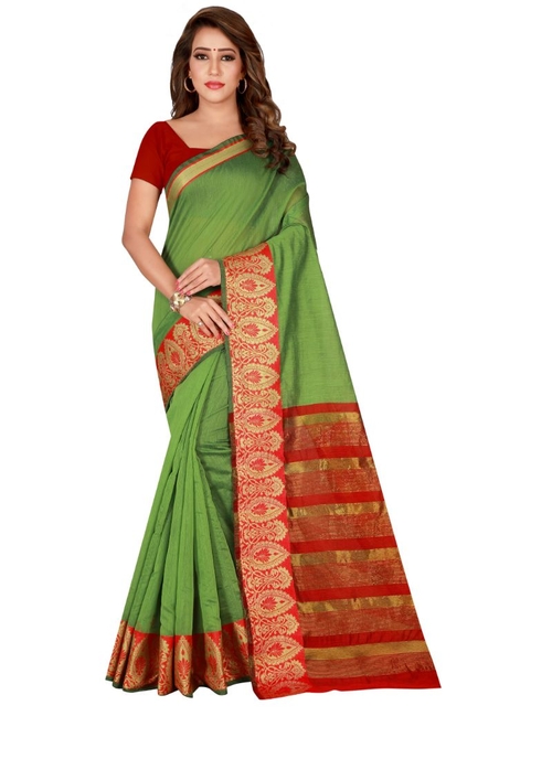 Generic Women's Cotton Silk Saree(Green, 5.5-6