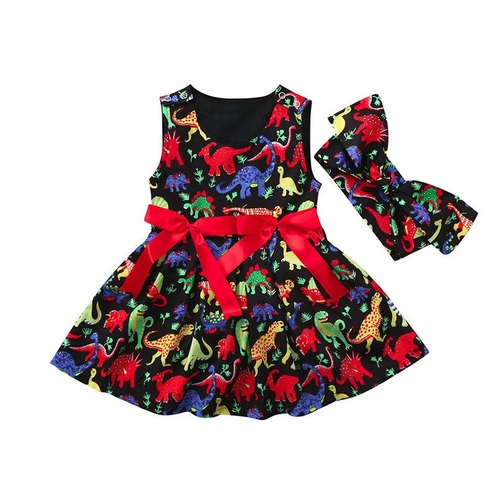 Toddler Baby Girls Dress Cartoon Dinosaur Print