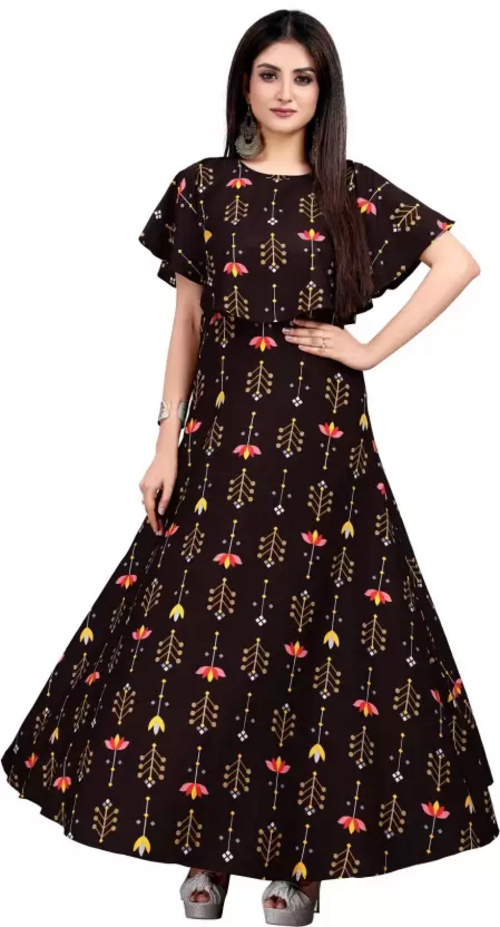 Women's Printed Crepe Stitched Anarkali Gown (Brown) (Size M)