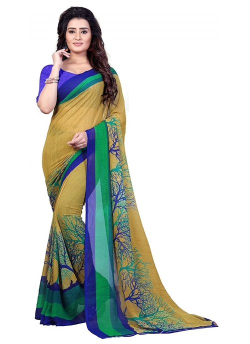 Printed Faux Georgette Green Color Saree