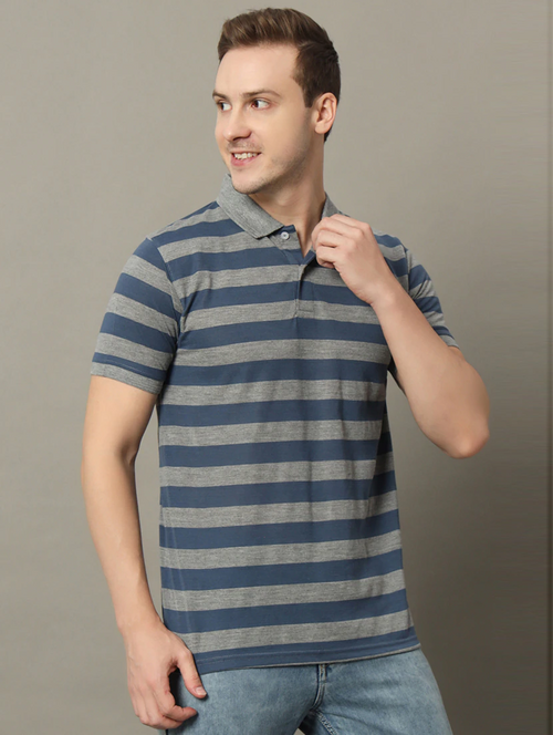 Men Stylish Striped Polo T-Shirt (Size-Xl) (Color-Grey)