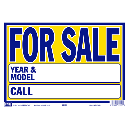 Hy-Ko 5992839 9 x 13 in. English Auto for Sale Polystyrene Sign - Yell