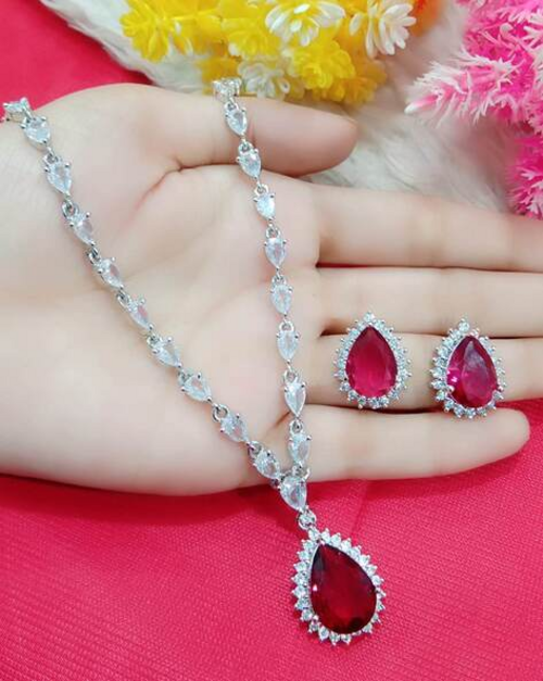 Women Silver-Plated American Diamond-Studded Necklace & Earrings Set
