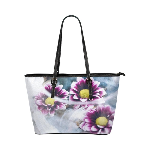 Large Leather Tote Shoulder Bag - Purple Floral Illustration