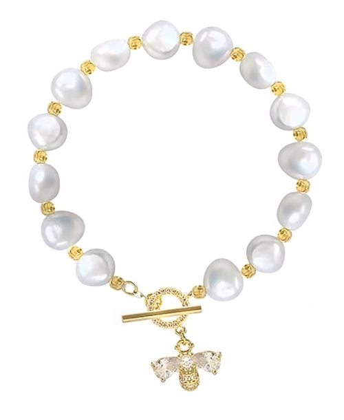 Pearl Bracelet with Coin Charm Circon Bee Handpicked Pearl Chain 18k