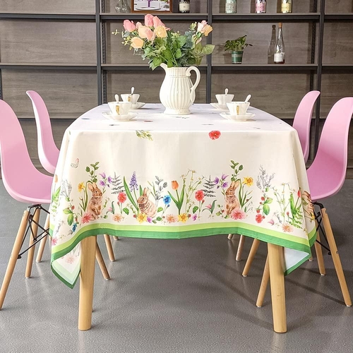 Watercolor Bunny Flowers Rectangle Easter Tablecloth Non Iron Stain