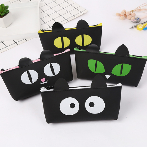 Cute Pencil case black Cat Pencil bag Silicone