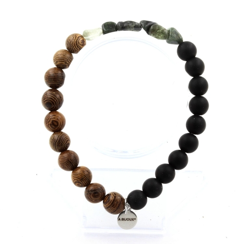 Green rutilated Quartz + Matte Black Onyx + wood Bracelet 8 mm Beads.